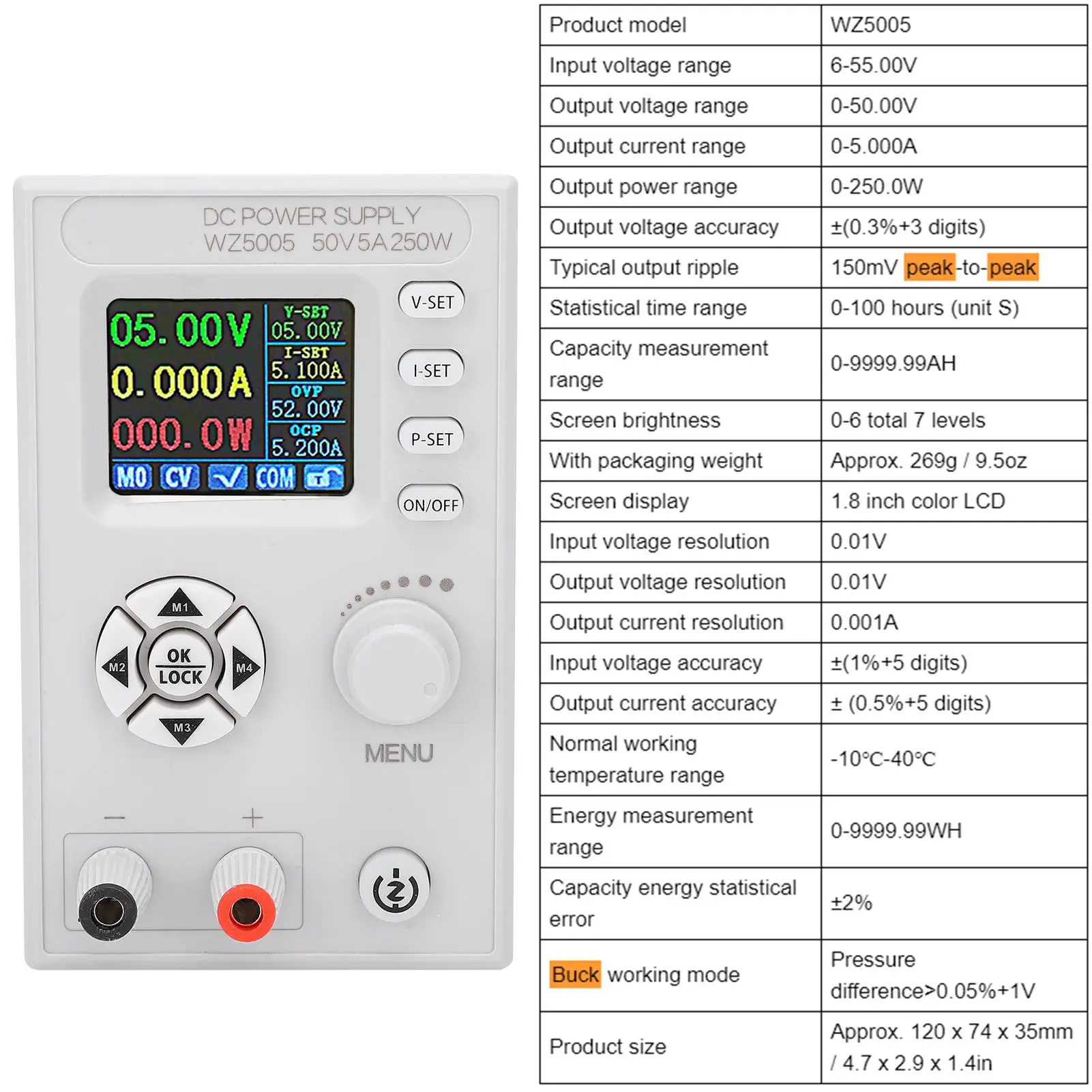 Adjustable DC  Power Supply with LCD Screen 6-55V Digital Control 4-Digit Display WZ5005