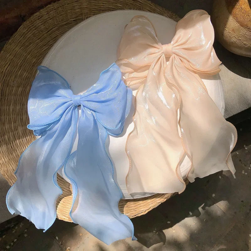 Sweet Chiffon Bow Ponytail Clips Girls Blue Pink Satin Bowknot Hair Clip Ribbon Bow Barrette Hairpin Grip Ponytail Clip Headwear