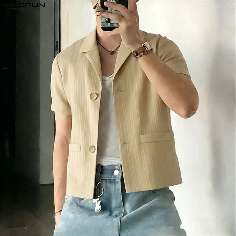 

Мужской пиджак INCERUN в полоску с отложным воротником, коротким рукавом и пуговицами, повседневный, свободный крой, в корейском стиле, модный, для отдыха, 2026