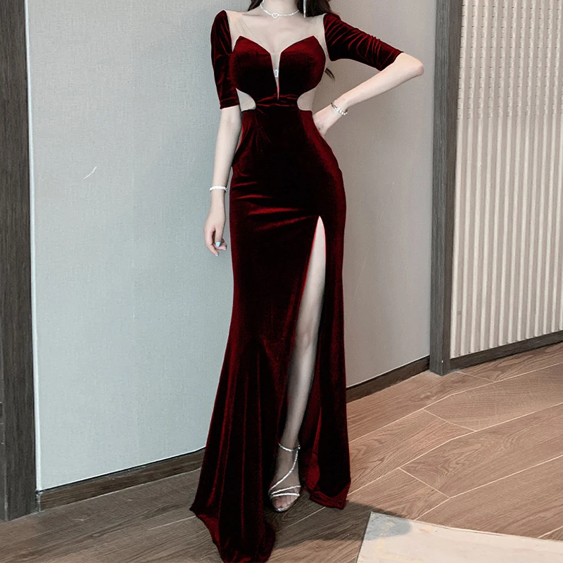 Summer Sexy V Neck Hollow Long Dress 2024 New Korean Elegant Black Dress Fashion Solid Evening Dress Buttocks Wrapped Dress