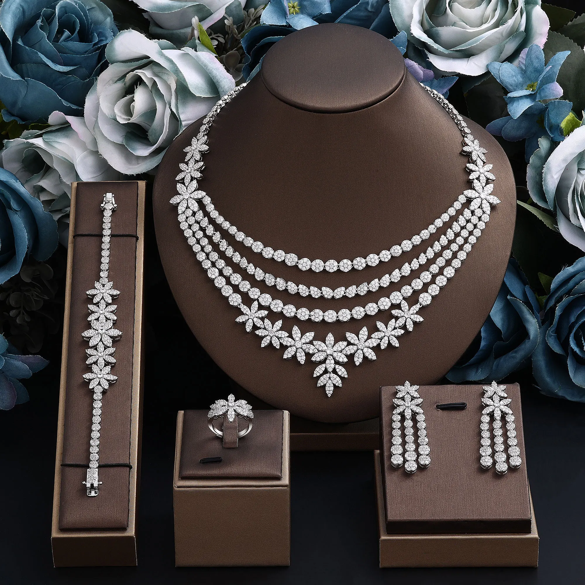 

Famous Brand 4pcs Bridal Zirconia Full Jewelry Sets For Women Party, Dubai Nigeria CZ Crystal Wedding Jewelry Sets