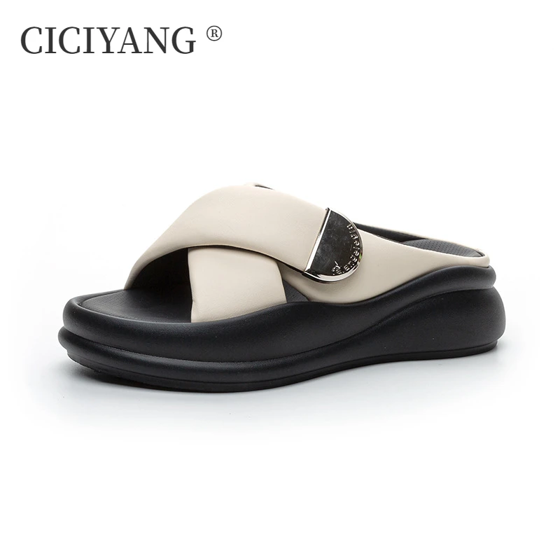 

CICIYANG slipper for women summer 2024 new sponge cake cross strap sandal women Bread Thick soled flip flop ladies Wear slippers