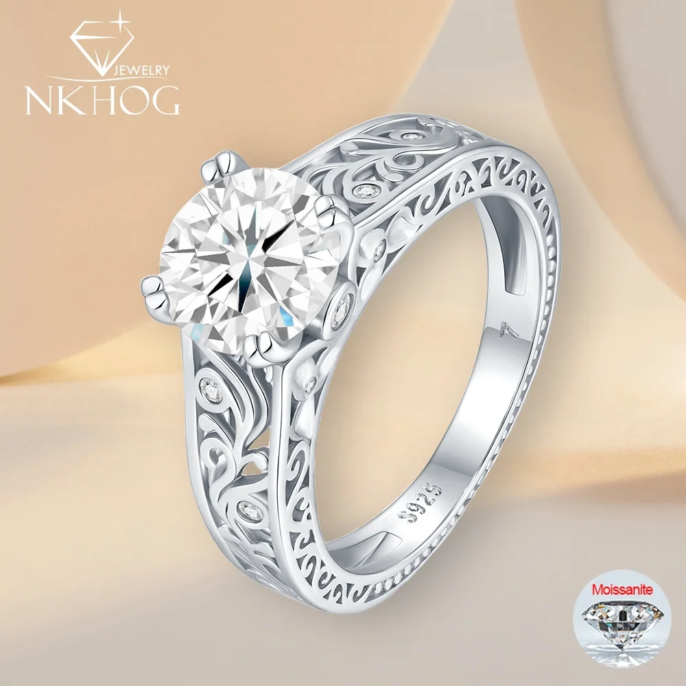 

NKHOG 2CT Real Moissanite Rings For Women S925 Silver Fashion Hollow-out Design Wedding Party Band Gifts Fine Jewelry Certified