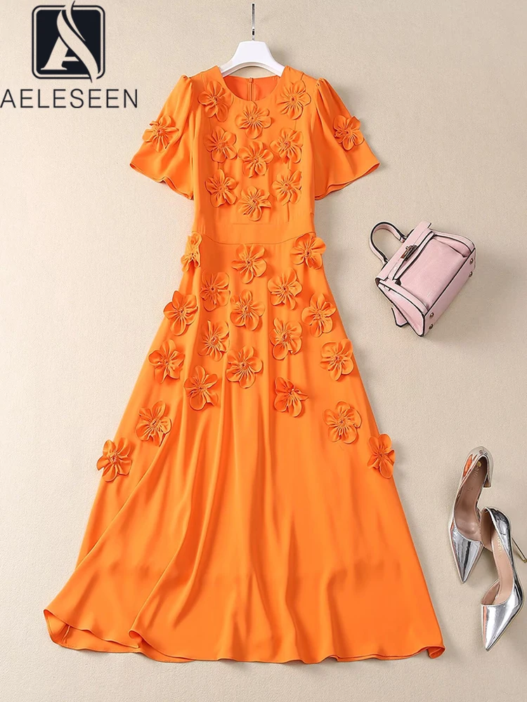 

AELESEEN Runway Fashion Summer Long Dress Women Short Sleeve 3D Appliques Flower Office Ladies Elegant Party Midi