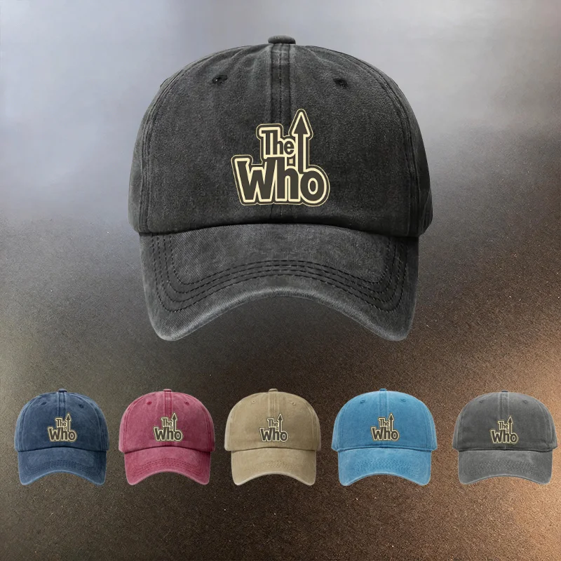A Washed Cap Featuring 'The Who', Perfect for Daily Outings And, a Must-Have Stylish Hat for Couples. It Showcases a Vintage Pri