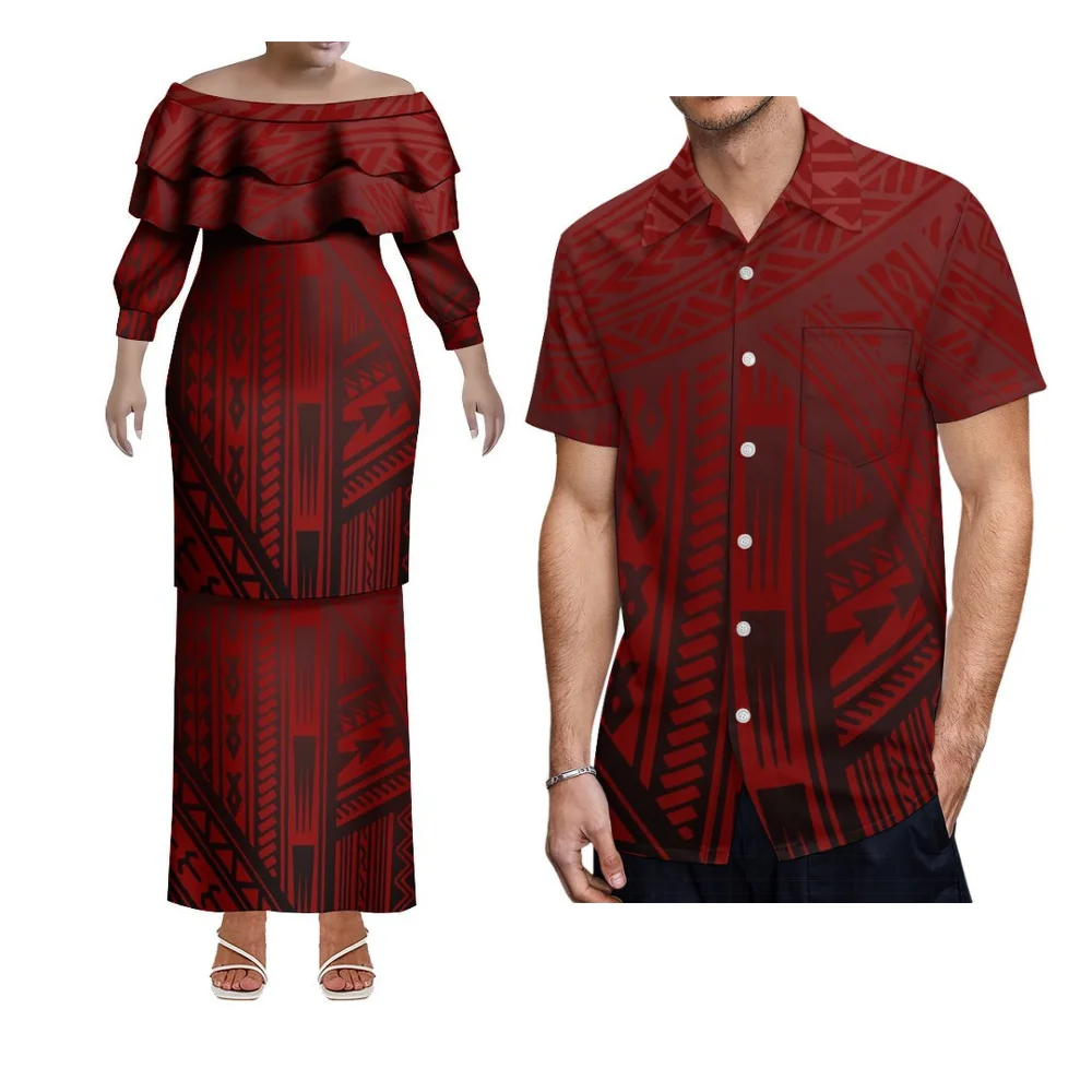 Nowo zaprojektowane zestawy dla par w stylu polinezyjskich wysp, drukowane w wysokiej rozdzielczości 3D, dwuczęściowy zestaw Puletasi dla kobiet i koszula dla mężczyzn.