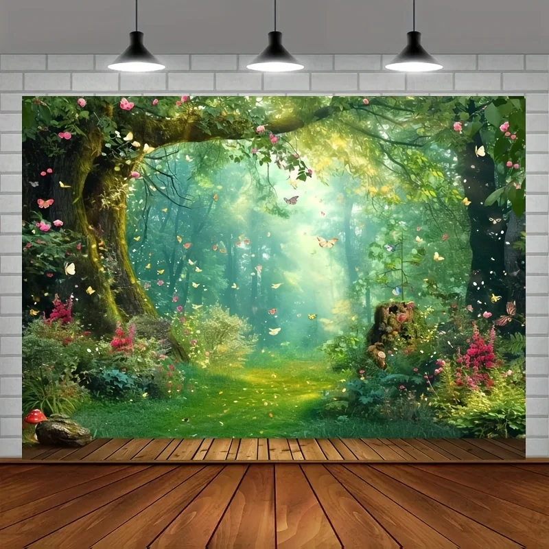 Fairy tale fairyland mushroom flower butterfly background, party decoration portrait banner, photo booth props