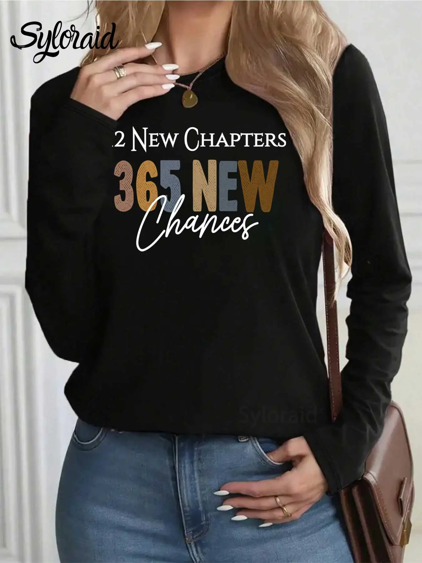 Langarm-T-Shirt für Damen „12 New Chapters“ Frohes Neues Jahr, bedrucktes T-Shirt, modisches Rundhals-Freizeitoberteil