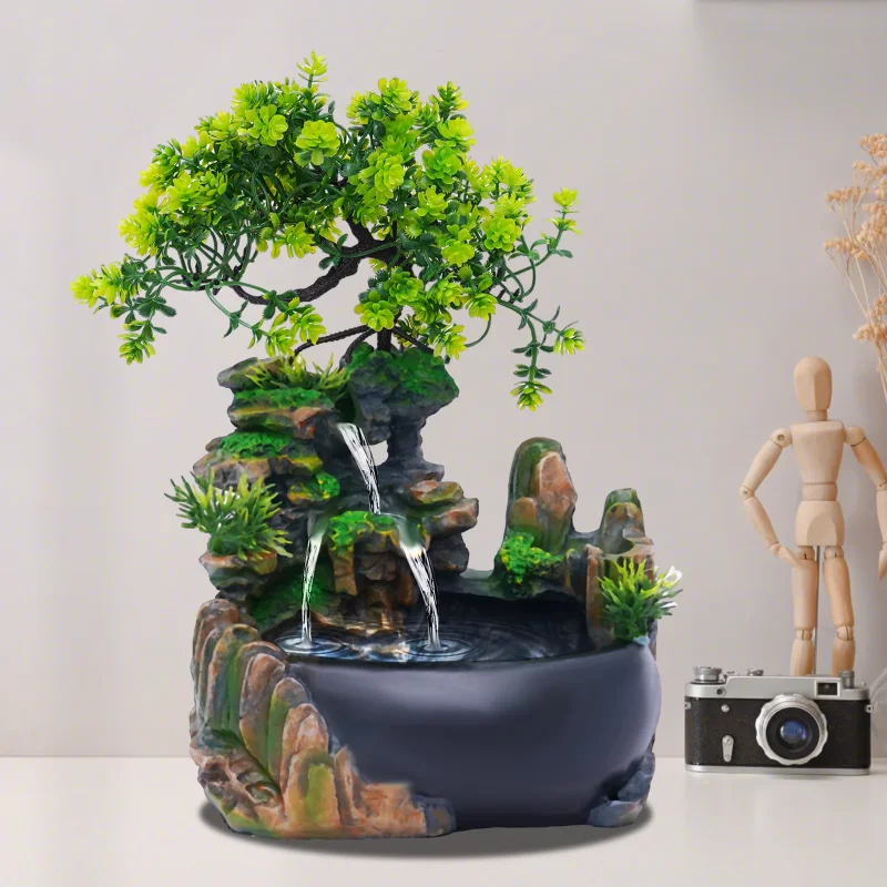 

Innenbrunnen Wohnzimmer Desktop Bonsai Tischbrunnen Wasserfall Garten Aquarium Harz Desktop Innenbrunnen mit Pflanzen