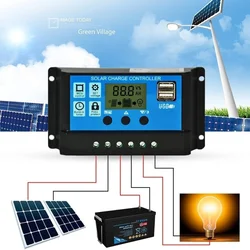 10A/30A Solar Charge Controller 12V24V,Dual USB 5V Output Solar Panel PV Regulator with Optical Control Timing Function