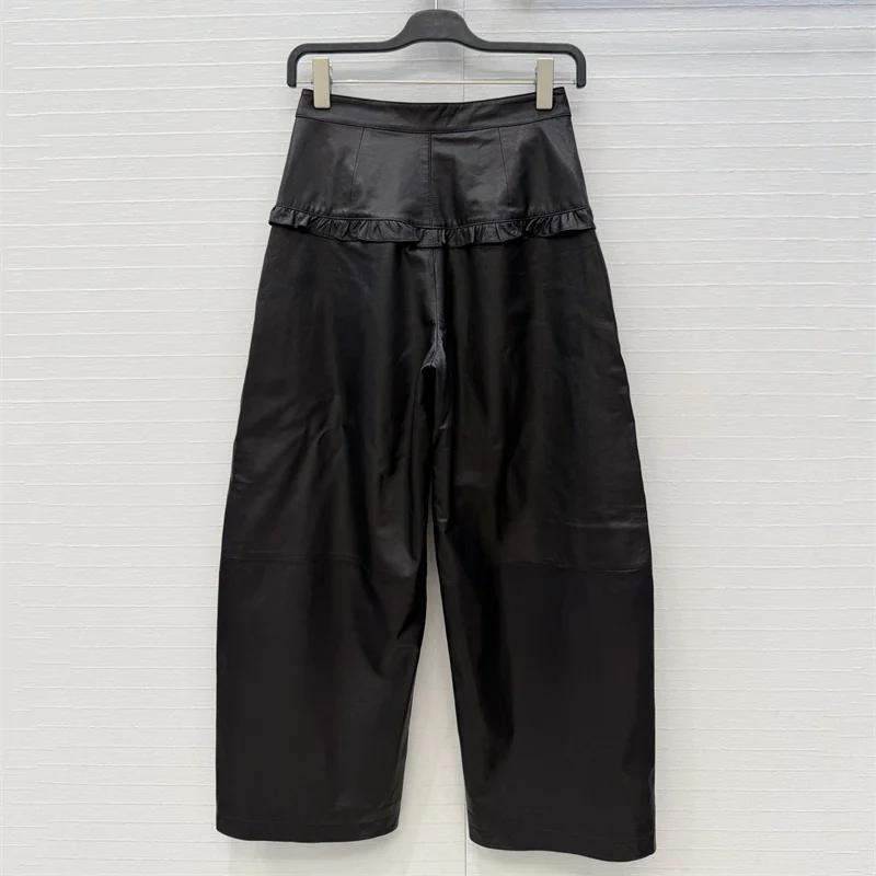 Women's pants New autumn 2026 100% sheepskin splicing straight leg pants High waisted slim fit wide leg pants curved knife pants