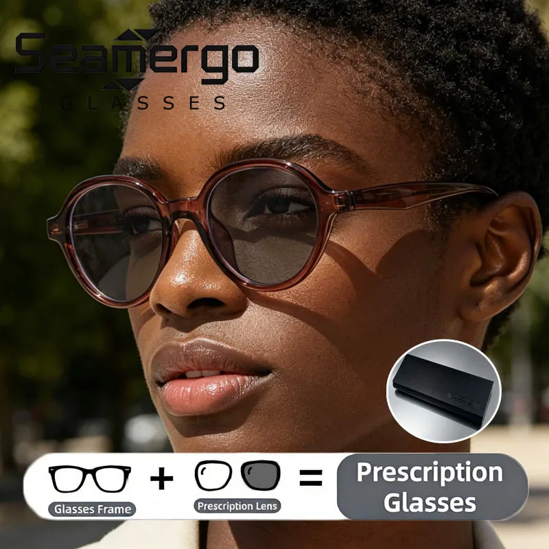 SEAMERGO Mens Photochromic Myopia Custom Round Frame Reading Glasses Customization Women Spring Hinge Prescription Glasses