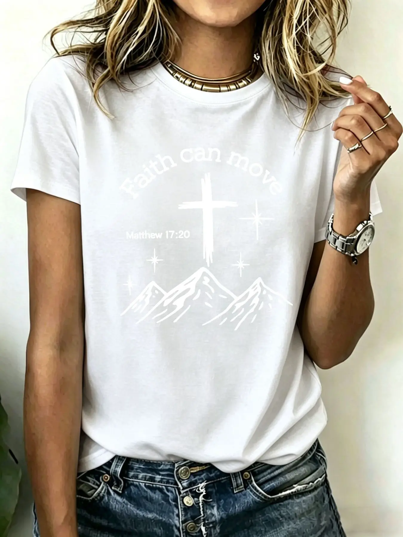 Camiseta cristiana para mujer de talla grande, Faith Can Move Mountains, Mateo 17:20, cómoda, transpirable, informal, moderna, Biblia