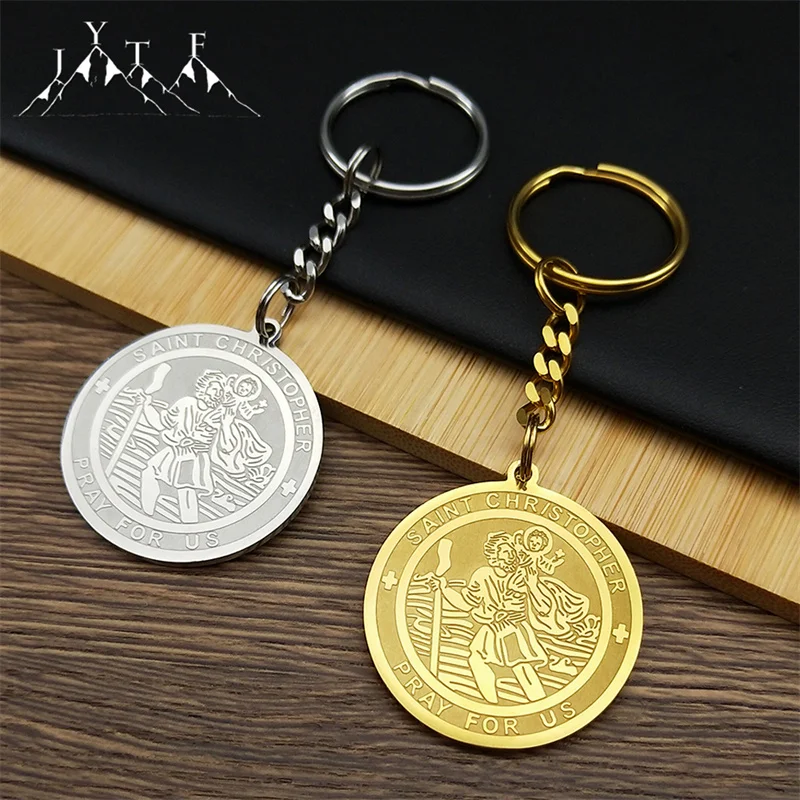 Jesus Saint Christopher Protect Us Key Chain For Women Men Stainless Steel Gold Color Round Medal Party Christian Jewelry