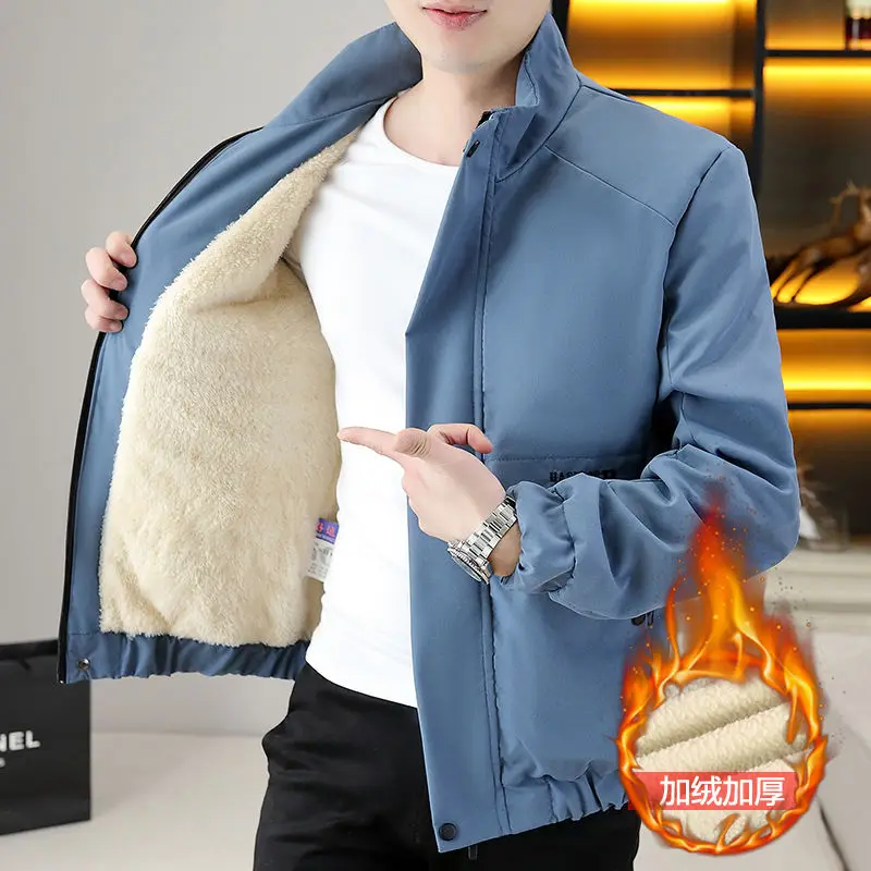 Chaqueta acolchada gruesa con cuello levantado para hombre, abrigo cálido informal de estilo coreano, con cremallera impresa, forro polar, para exteriores