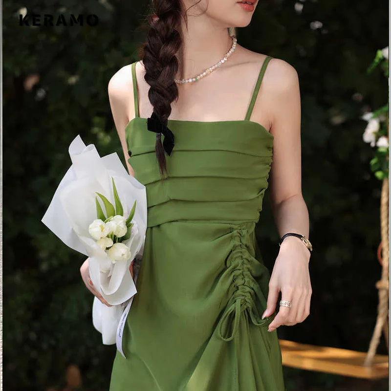 2024 Spring Sweet Style Backless Slash Neck Green Suspender Mini Dresses Women Elegant Sexy Chiffon Slim Fit Solid Color Dress