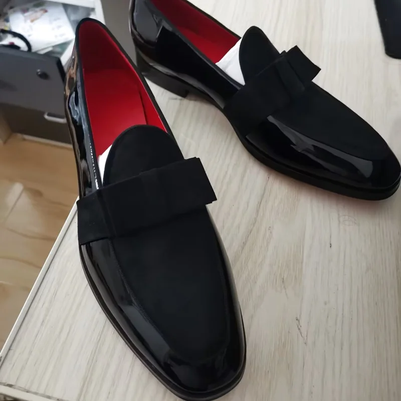 Italy Style Black Men Patent Leather Shoes Fashion Bowtie Loafers Men\'s Flats Dress Shoes Handmade Party And Wedding Shoes