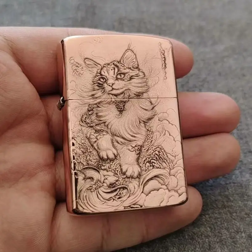 Red Copper Embossed Cat Oil Lighter Vintage Relief Metal Refillable Petrol Lighter Collectible Smoking Accessory Gift for Cat