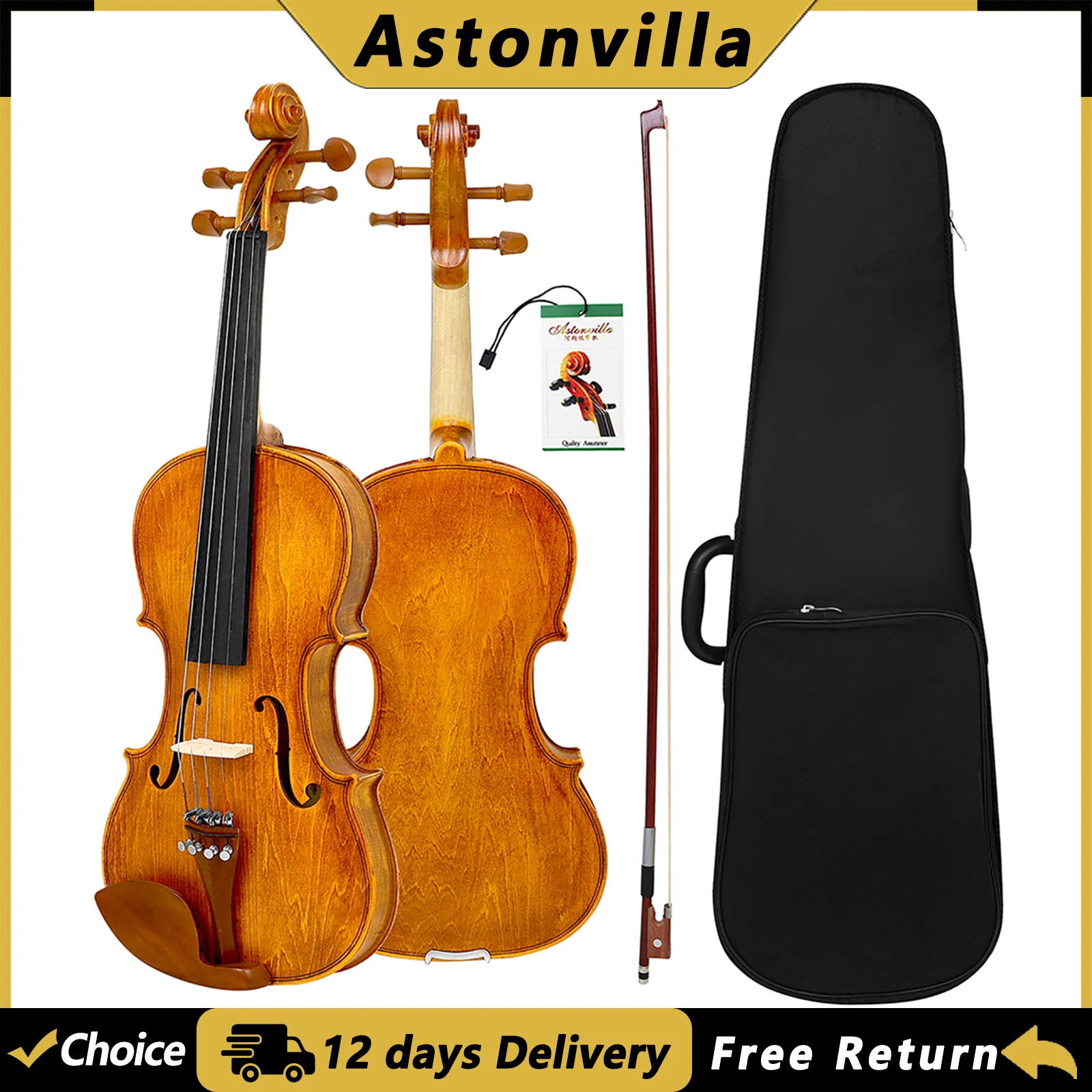 AstonVilla 4/4 Violin Basswood Body Jujube Wood Tailpiece Fiddle with Case Bow Handcrafted Standard Size Violin for Beginners