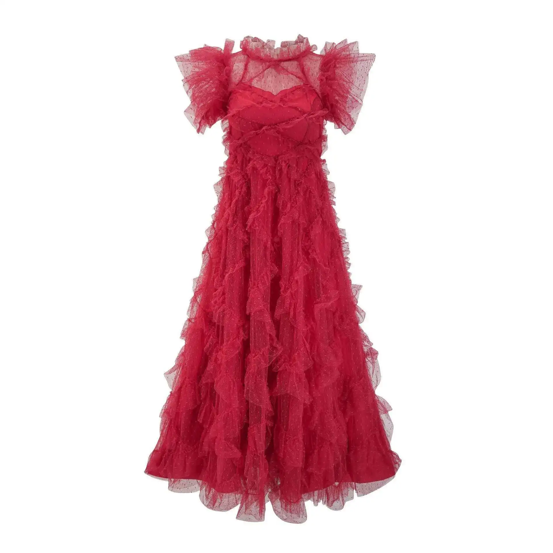 JAMERÁRIO-Vestido bordado feminino, camadas de manga curta, babados, bolo estampa floral, maxi longo, robe de baile, verão, 2024