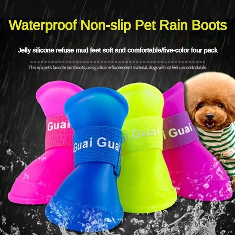 Soft Silicone Pet Rain Shoes, Anti Slip and Wear-resistant Dog Water Shoes, Jelly Colored Golden Fur Pet Outdoor Rain Boots