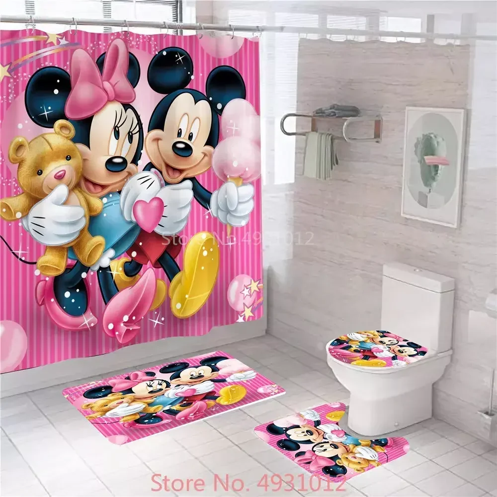 Disney Red Mickey Minnie Mouse Love Bath Shower Curtain Set 4pcs with Hooks Cartoon Decor Bathroom Toilet Mat Lid