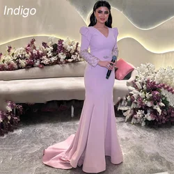 Indigo Prom Dresses Mermaid V-Neck Long Sleeve Beading Sweep Train Pleat Elegant Evening Gowns For Women فساتين الس Customized