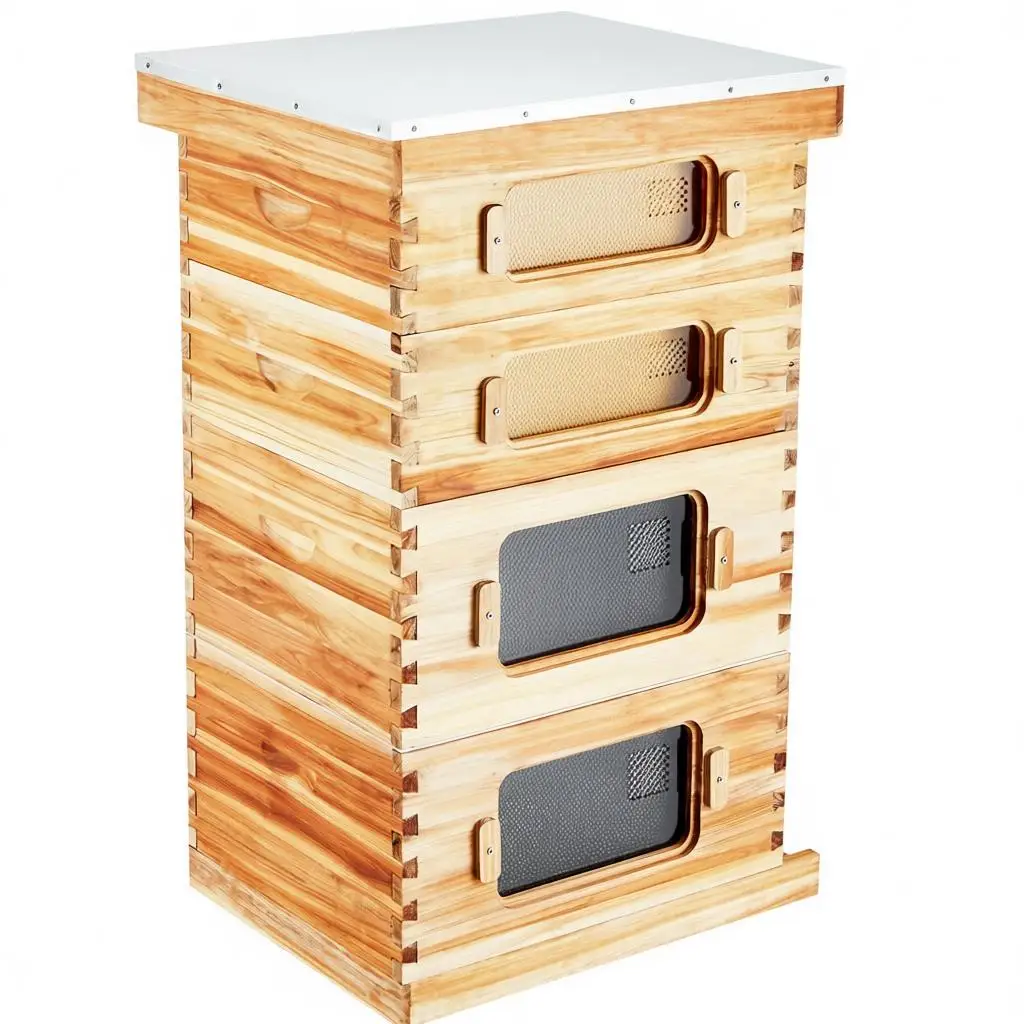 

Набор для пчеловодства: улей на 40 рамок, из соснового дерева с восковым покрытием, 2 глубоких + 2 средних улья, комплект ульев Лангстрота, прозрачные крышки.