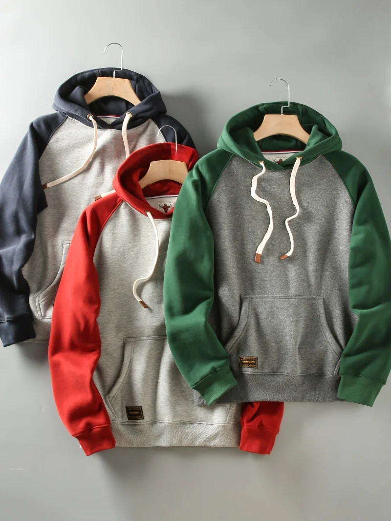 

Утепленная флисовая толстовка с капюшоном в американском стиле для мужчин, осенне-зимняя, новая, с цветными вставками, на флисовой подкладке