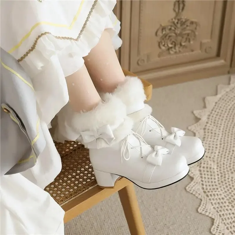 Luxury Women Boot Fashion Lolita Bow Ankle Boot Quality Plush Warm Winter Shoes for Woman Designer High Heeled Boots Botas Mujer