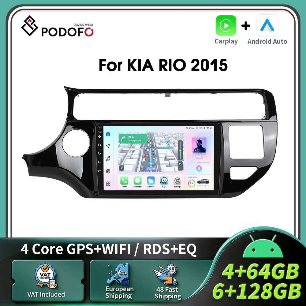 Autoradio Android CarPlay Podofo pour KIA RIO 2015, système intelligent 2 Din, GPS, lecteur multimédia auto, BT, FM