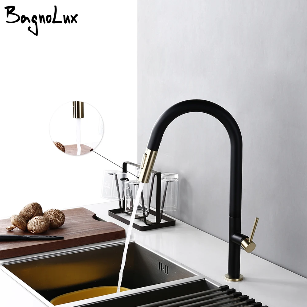 Kitchen Faucet Brushed Gold Rotate Sink Mixer Pull Out Sprayer Deck Mounted Single Handle Hot And Cold Water Tap