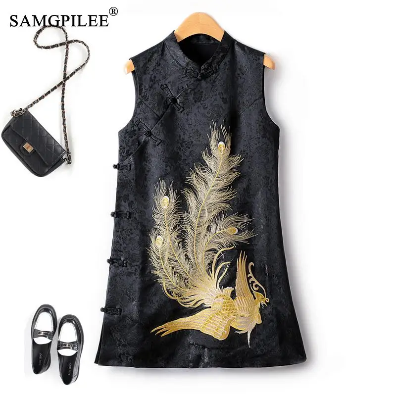 

Autumn Women's Vest Dresses 2023 New Chinese Style Stand Collar Embroidery Black Side Button Sleeveless Female Dress 4XL