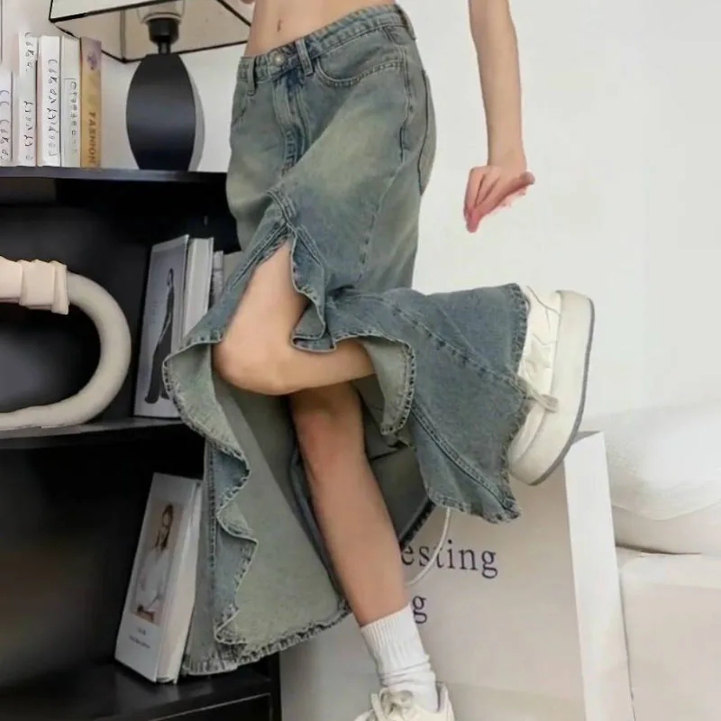 Y2k vintage oversize 4xl lavado irregular divisão denim saia feminina primavera verão cintura alta médio longo uma quadril saias rabo de peixe