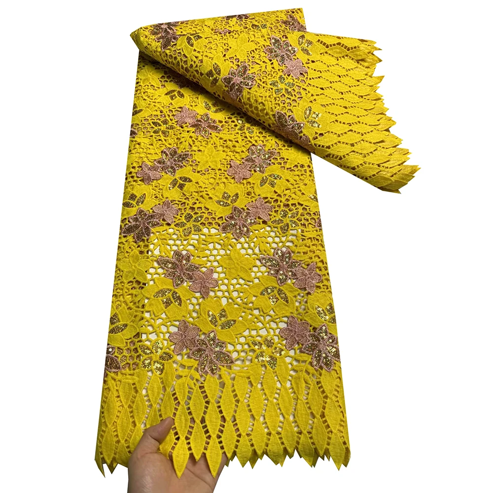 

Newest African Water Soluble Lace Fabric With Sequins High Quality African Guipure Cord Lace Fabric For Sewing Women Dresses