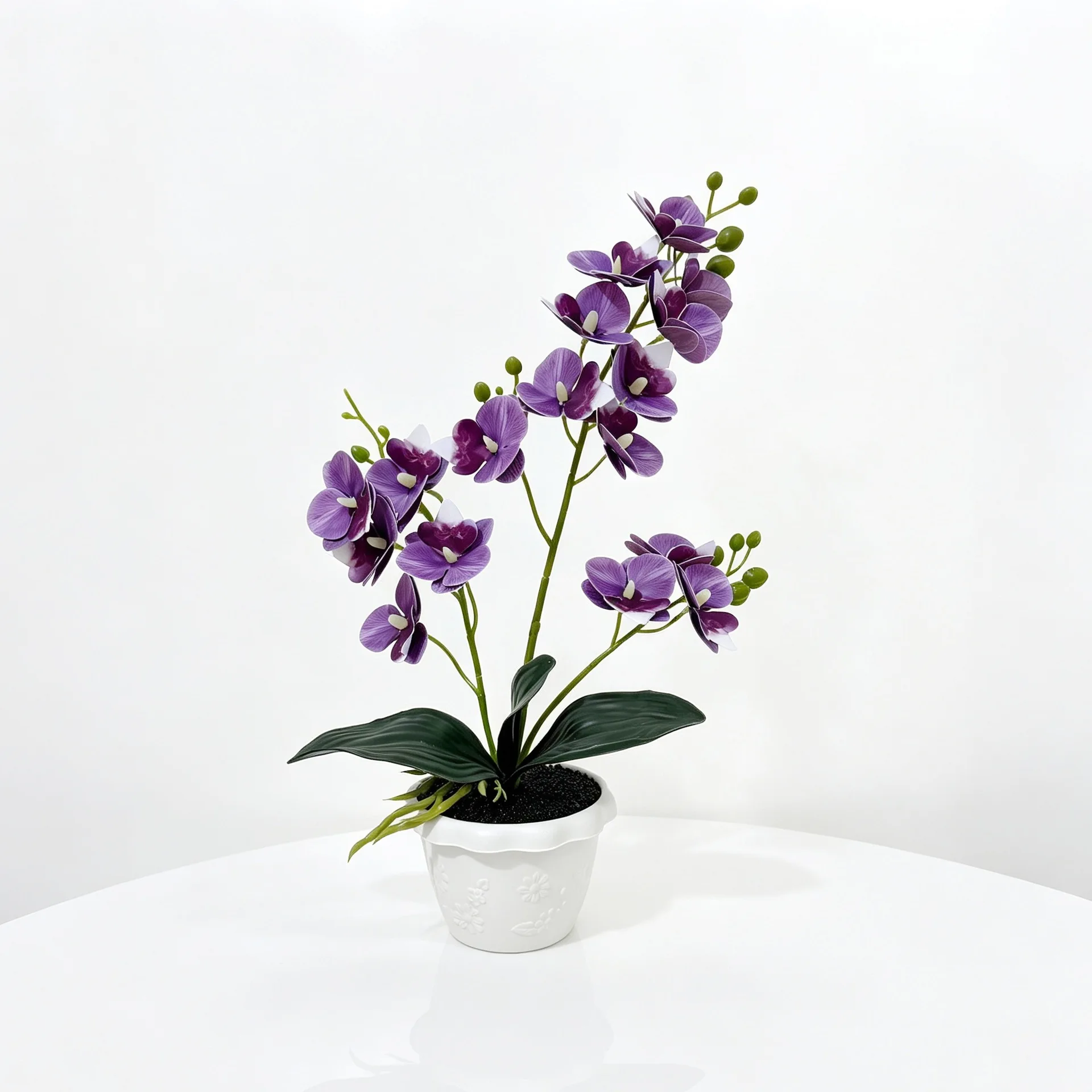 Decorative Artificial Phalaenopsis Orchid with Realistic Structure and Seamless Color Transition in Embossed Pot