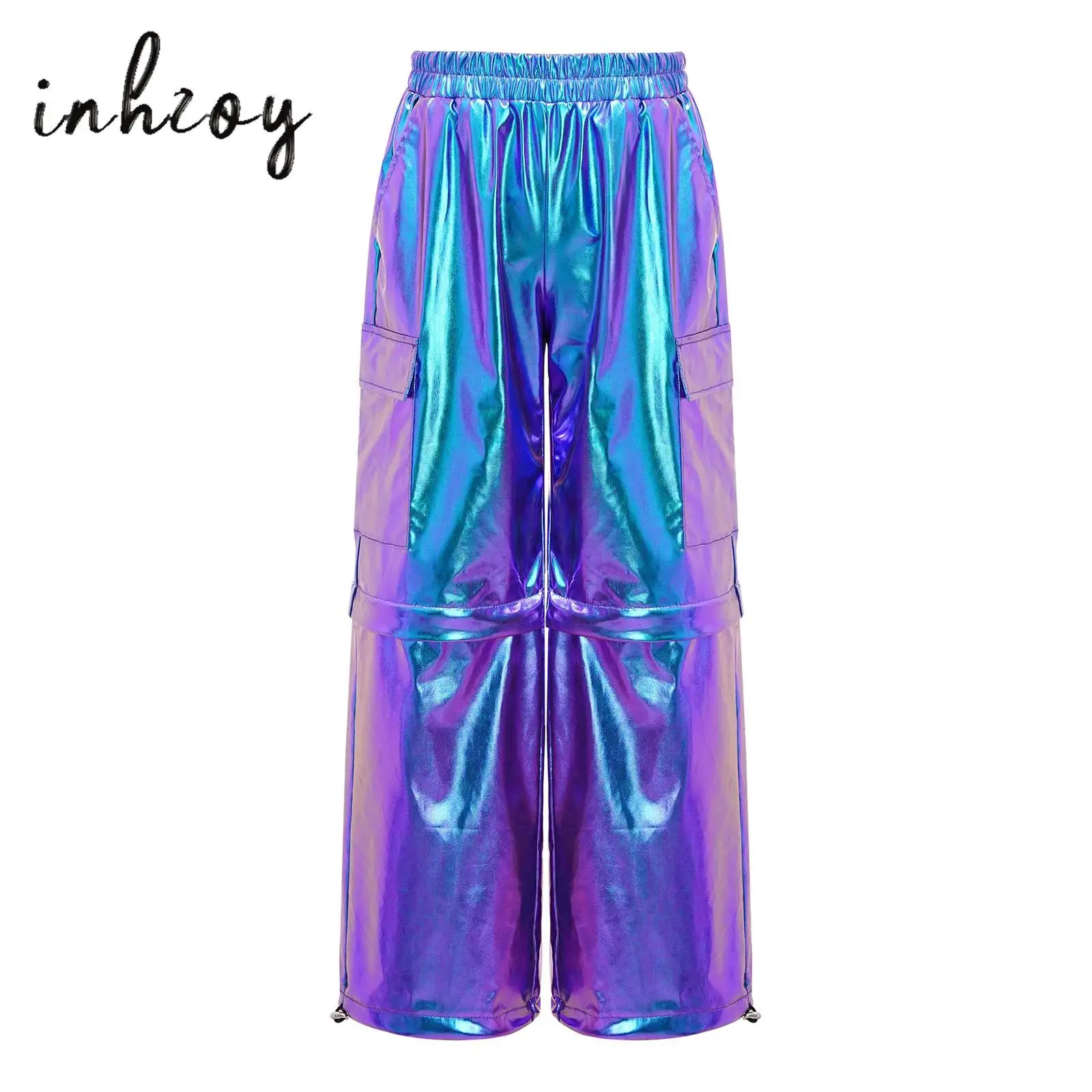 

Kids Boys Girls Hip-Hop Pants Teens Metallic Pants Elastic Waistband Fashion Children Cargo Trousers Street Jazz Dance Costume