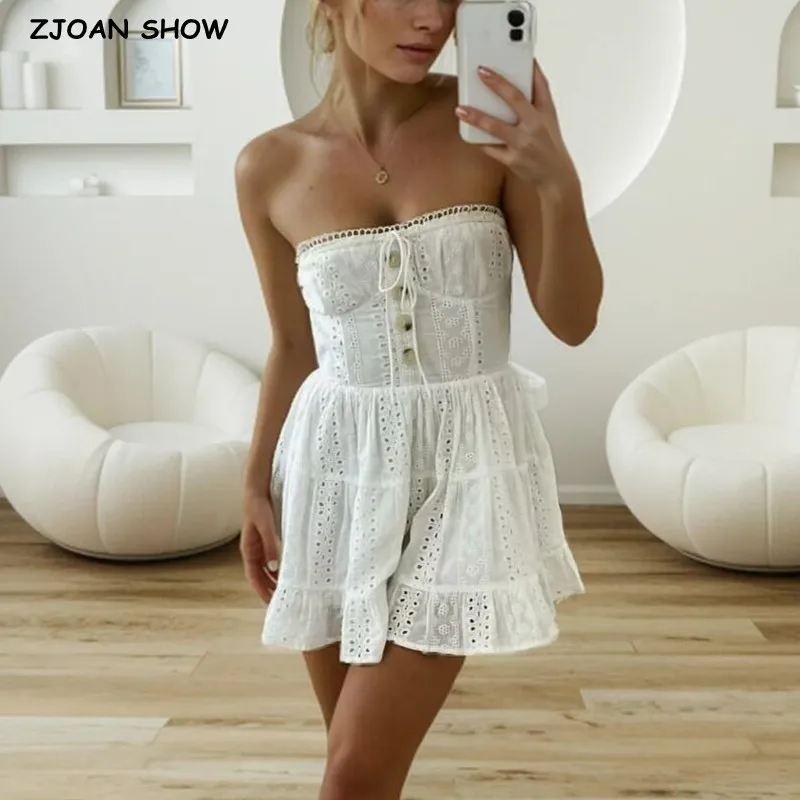 

2024 Sexy White Hollow Out Embroidery Lace Strapless Mini Dress Women Slim Waist Ruched Ruffles Hem Tube top Short Cake Robe