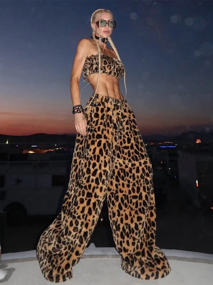 Fashion Furry 2 Piece Set Woman Leopard Print Chest Wrap Tank Tops+Straight Long Pant Hot Girls Street Hip-Hop Style Suits