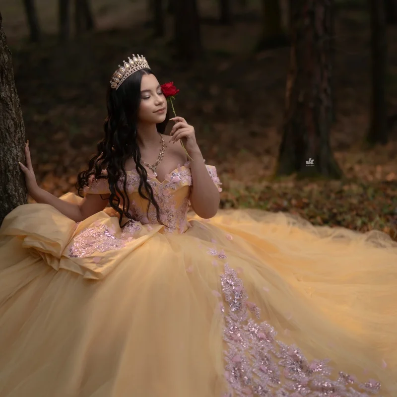 

Yellow Quinceanera Dresses Off the Shoulder Glitter Decal 3D Flower Long tail Vestidoe 15 Quinceanera Customize