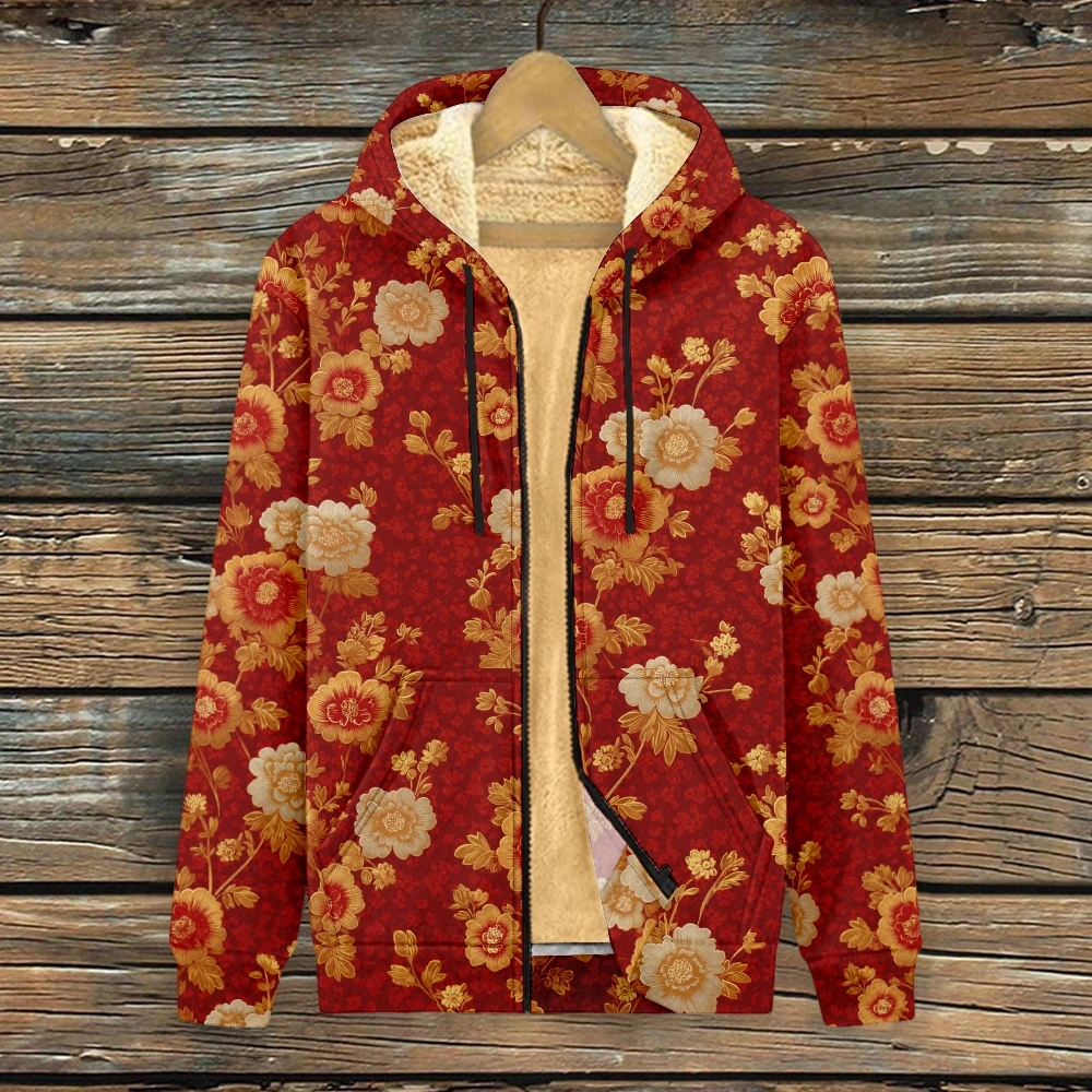 

Red Floral Print Fleece Lined Zip Up Hoodie Vintage Style Hooded Jacket with Golden Flowers Warm Unisex Coat Winter Casual Wear