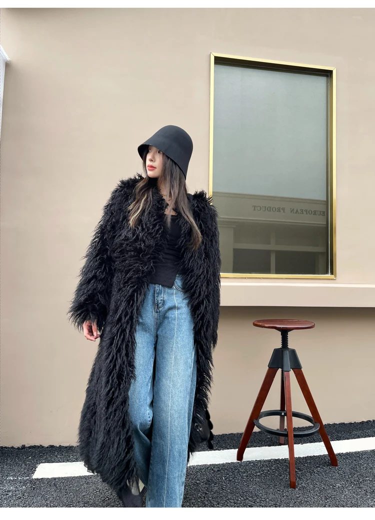 Lady Personalized Black Faux Fur Coat with Peplum Hem Female Streetwea Long Jacke Winter Coats For Wome