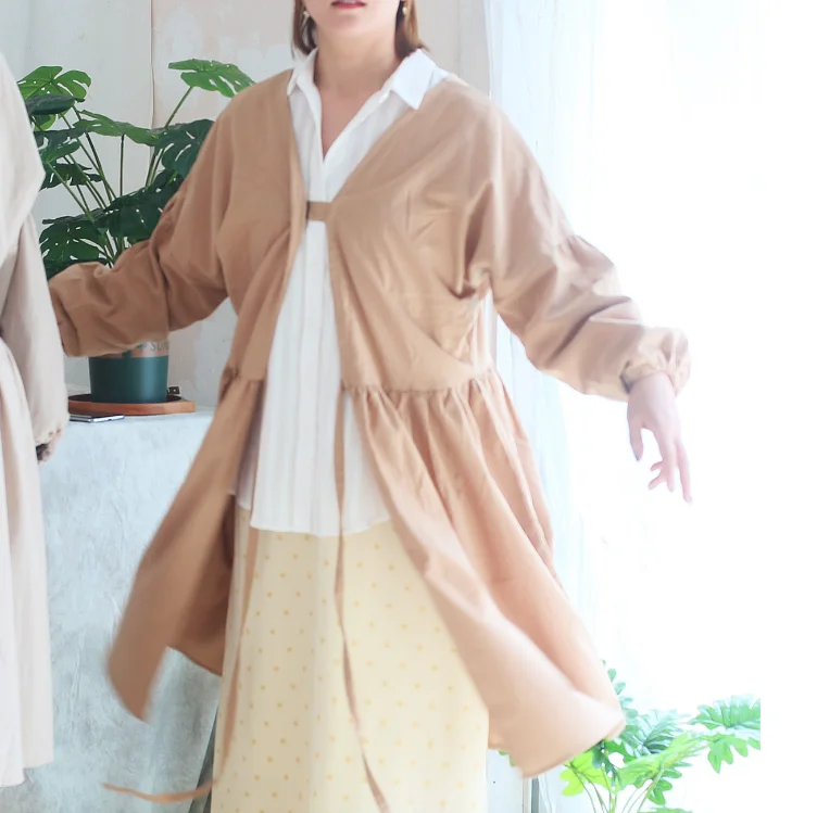 Babador de cozinha feminino japonês e coreano, totalmente de algodão, à prova d'água, manga comprida, molho reverso, com cintura, para emagrecimento