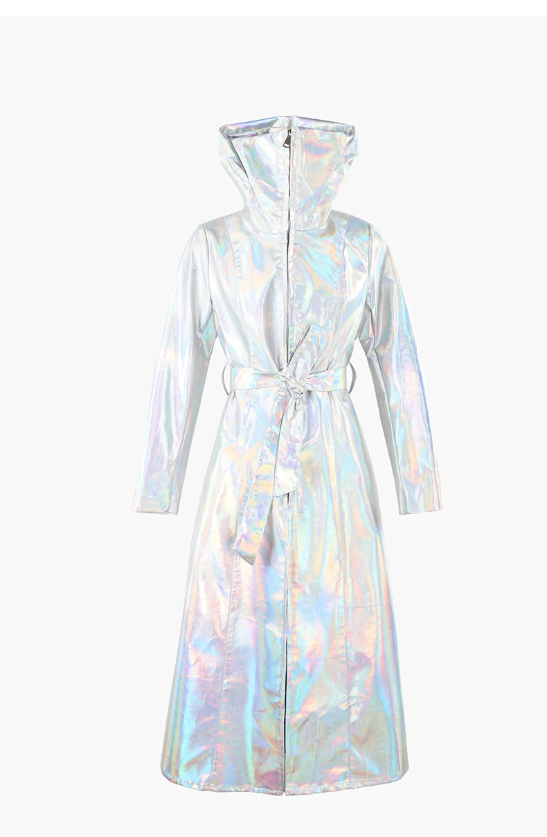 Nerazzurri Autumn Extra Long Windproof Waterproof Shiny Reflective Silver Holographic Patent Faux Leather Coat Women with Hood