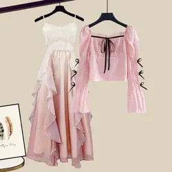 Women's Spring Summer Fashion Shirt Top Korean Lady Pullover Tank Dress Two Piece Set 2023 New Outfits