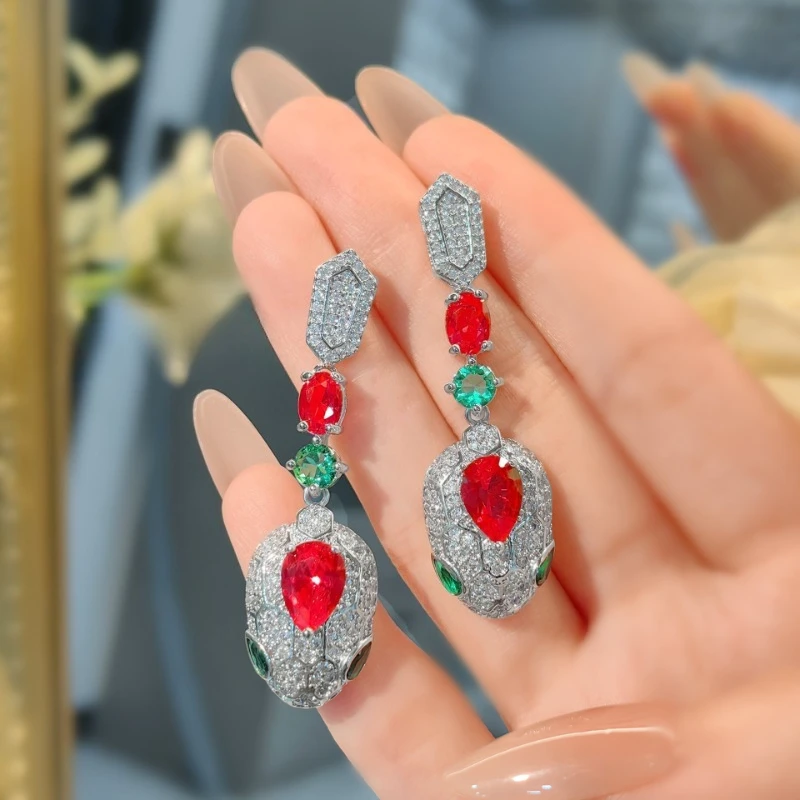 

Fashionable and Dazzling Red and Green Gemstone Snake-shaped Drop Earrings - Silver Women's Jewelry - for Daily Wear