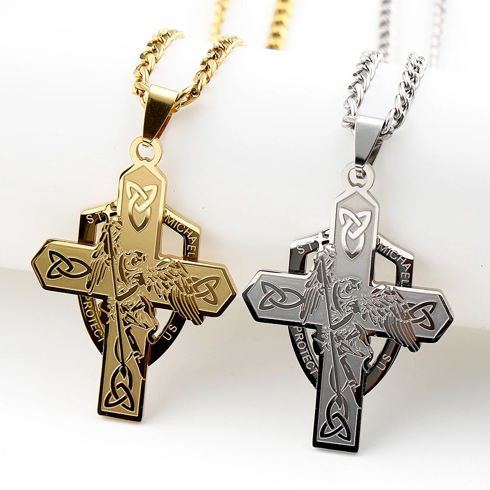 Collier Pendentif Bouclier Croix Celtique Saint Michel Protecteur en Acier Inoxydable, Amulette de Saint Michel, Bijou Chaîne