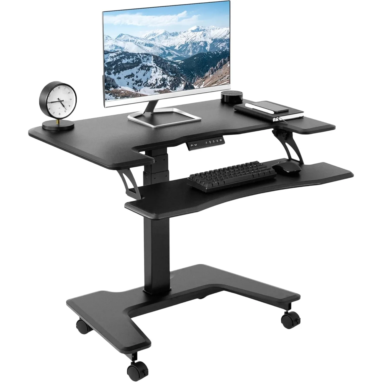 US Black Electric Mobile Height Adjustable 36 inch Dual Platform Standing Desk with Wheels, Rolling Small Space Table, Sit Stand