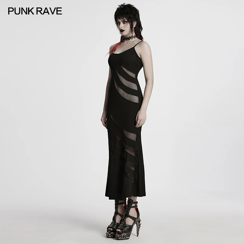 PUNK RAVE – robe Punk en tricot élastique pour femmes, maille asymétrique, Segmentation des dents pointues, Sexy, ajourée, robes foncées de Club