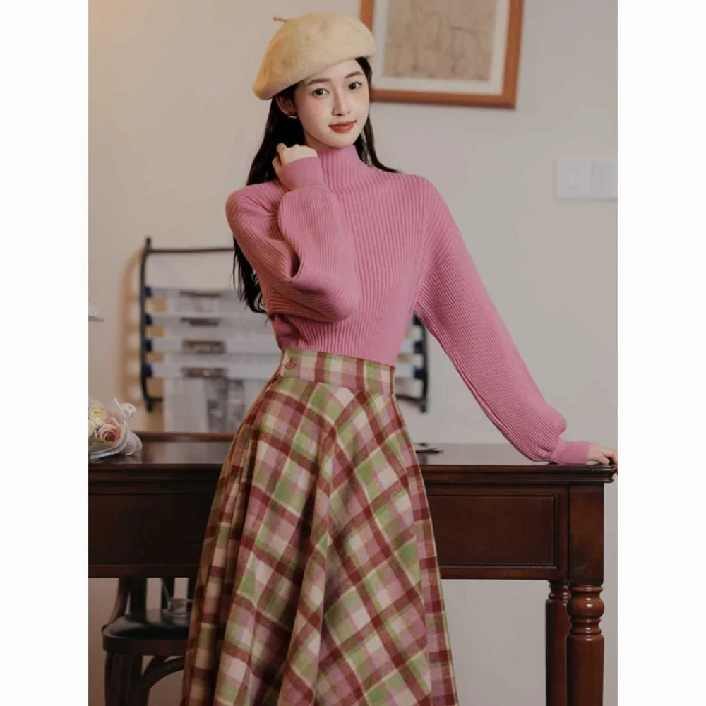 Women's Autumn Winter Vintage Pink Plaid Skirts Sweater Matching Sets French Graceful Half High Collar Knit Tops Skirt Outfits